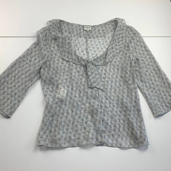 SOLD Armani Collezioni Vintage Y2K Gray 3/4 Crop Sleeve Ruffle Neck Sheer Silk - Picture 13 of 14